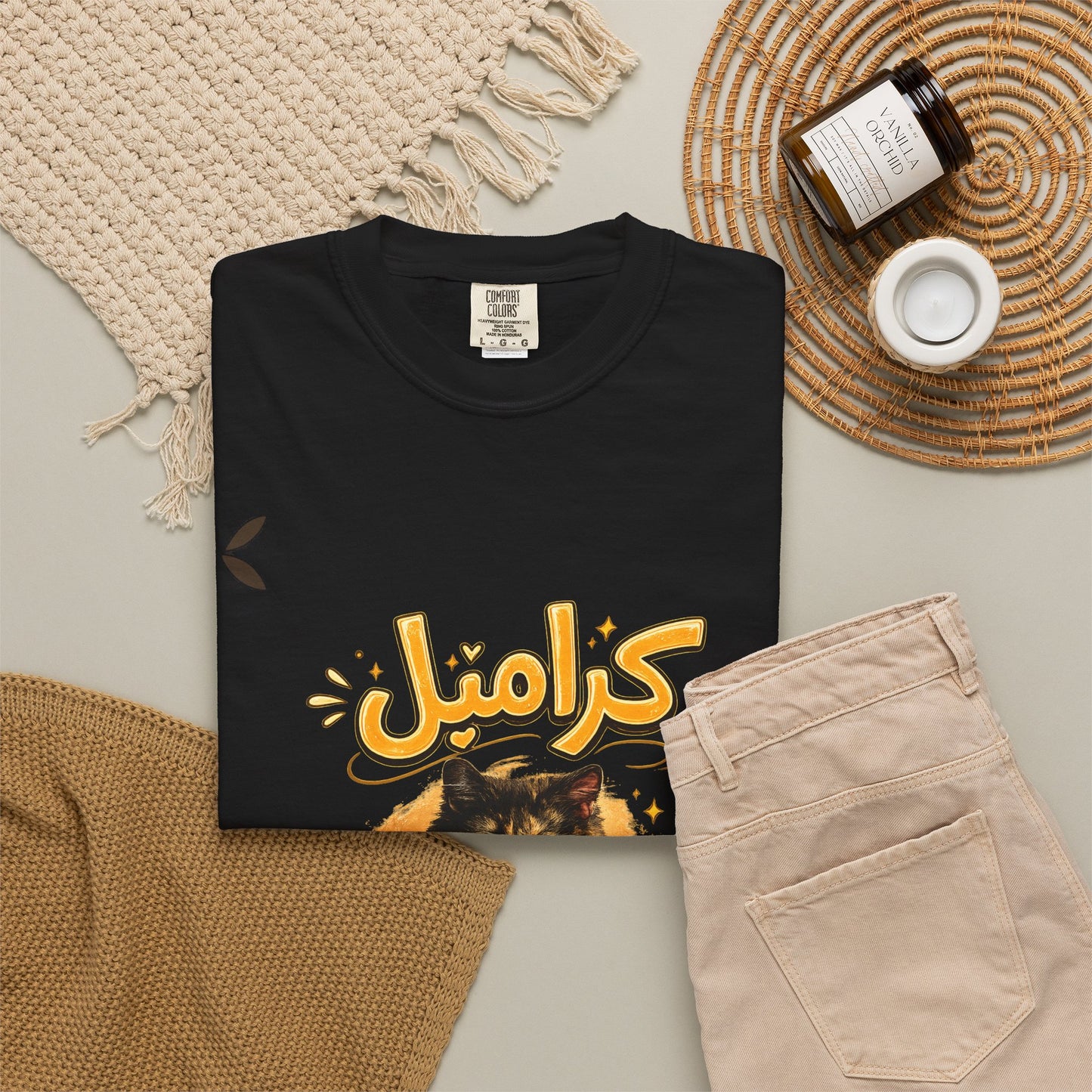 Caramel Cat T-Shirt — Cute Arabic 'كارامل' Graphic Tee تشيرت براند كيوكو مطبوع قطة كراميل