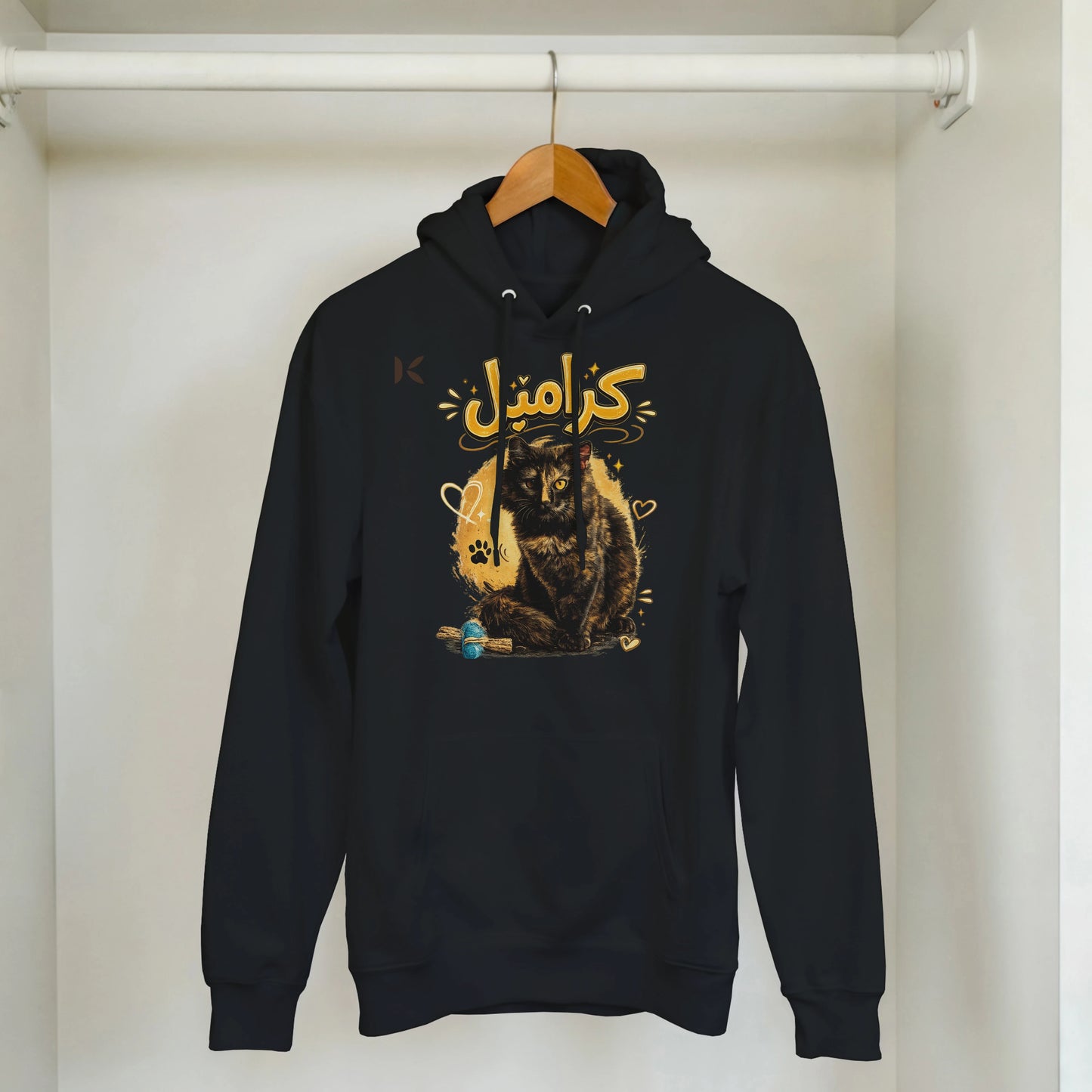 Kiaoko Classic Unisex Pullover Hoodie Arabic print cat Caramel هودي بولاوفر للجنسين كلاسك طبعة قطة كراميل