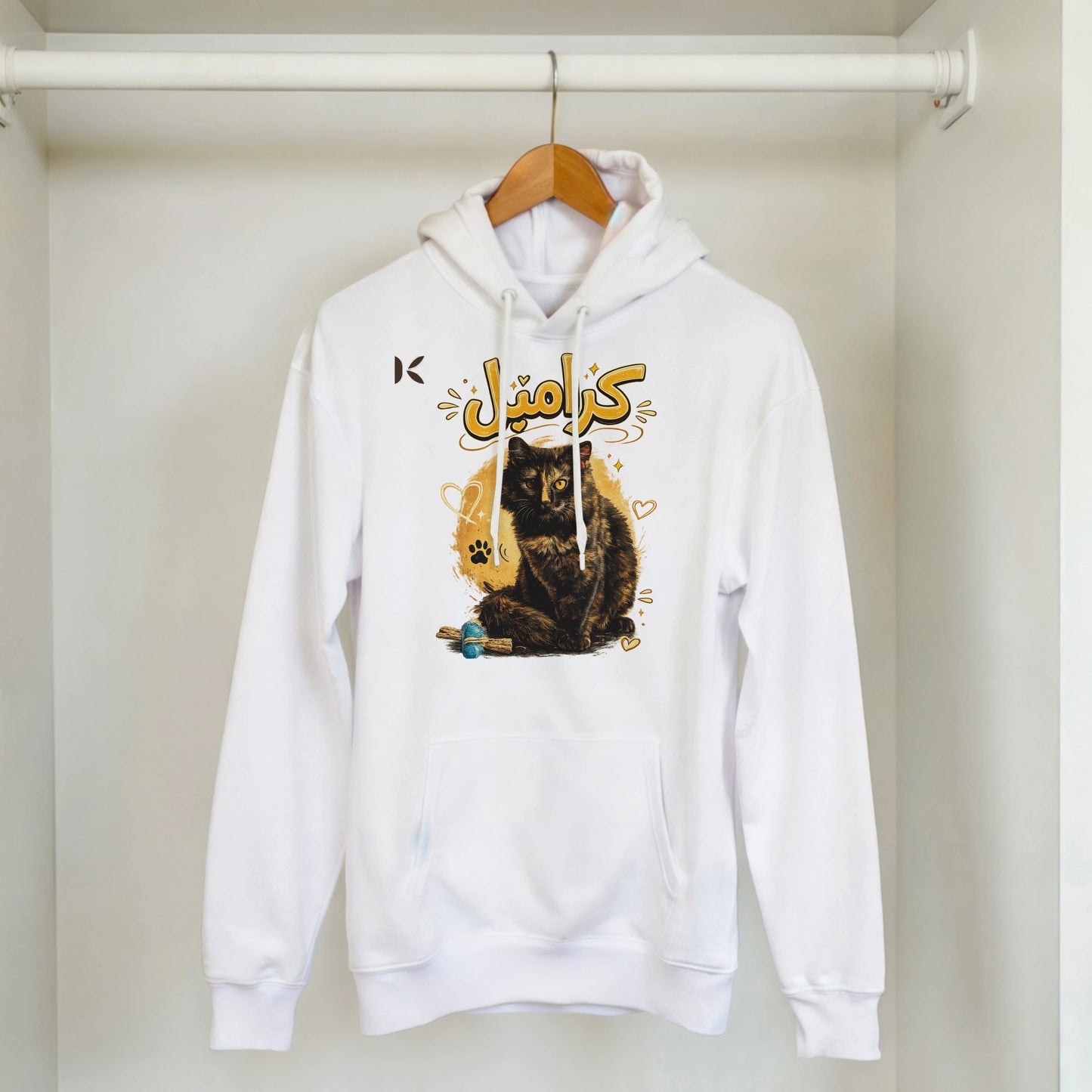 Kiaoko Classic Unisex Pullover Hoodie Arabic print cat Caramel هودي بولاوفر للجنسين كلاسك طبعة قطة كراميل