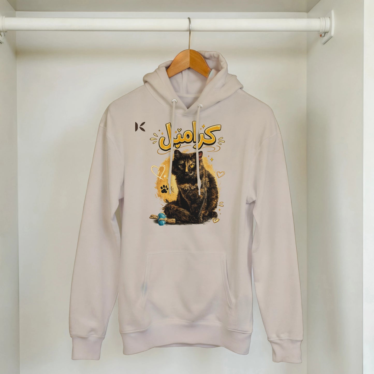 Kiaoko Classic Unisex Pullover Hoodie Arabic print cat Caramel هودي بولاوفر للجنسين كلاسك طبعة قطة كراميل