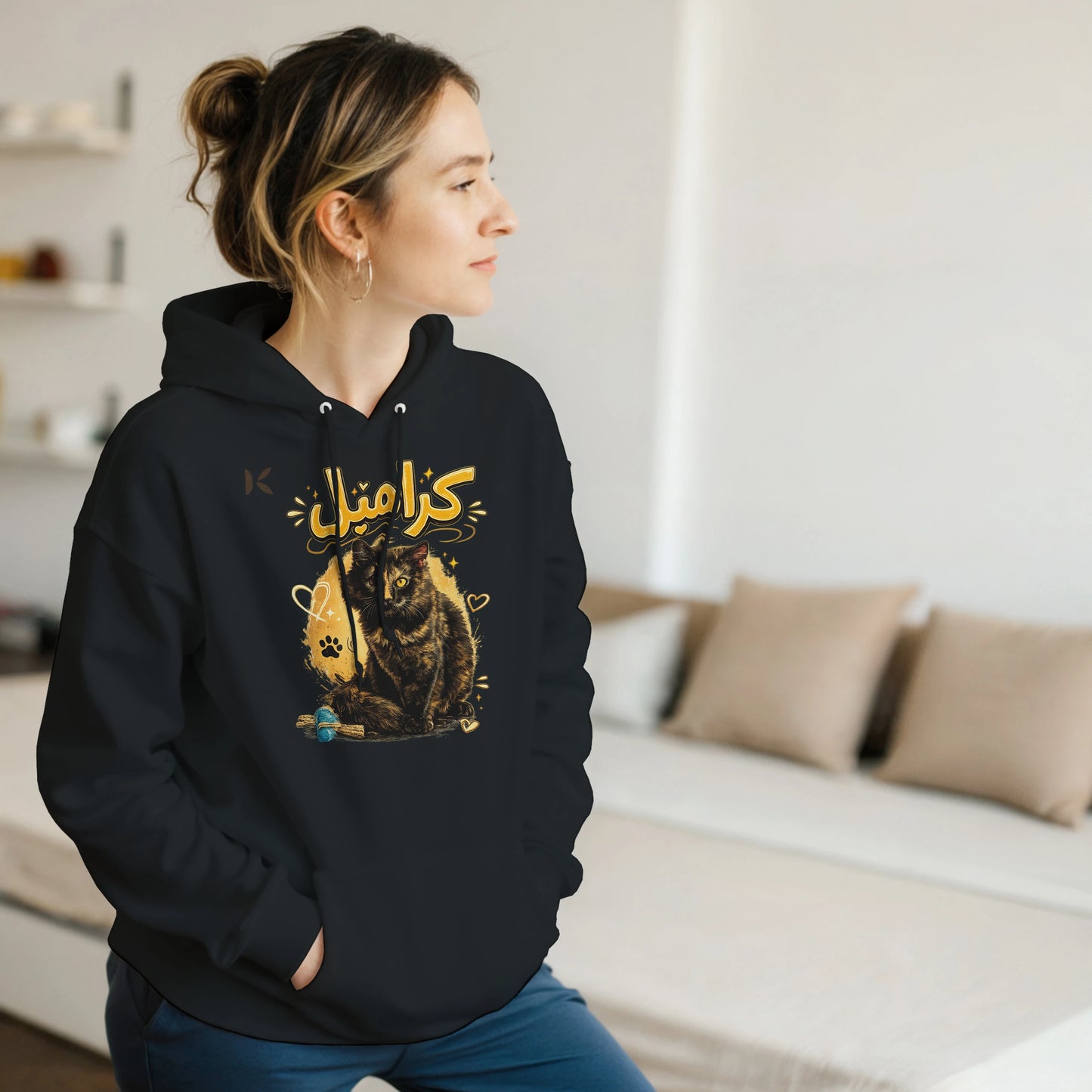 Kiaoko Classic Unisex Pullover Hoodie Arabic print cat Caramel هودي بولاوفر للجنسين كلاسك طبعة قطة كراميل